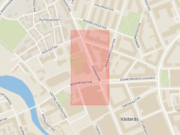 Karta som med röd fyrkant ramar in Stadsbiblioteket, Västerås, Västmanlands län