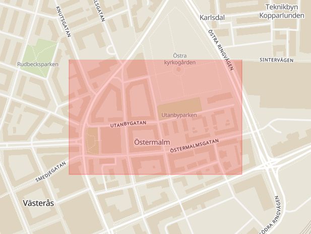Karta som med röd fyrkant ramar in Utanbygatan, Västerås, Västmanlands län