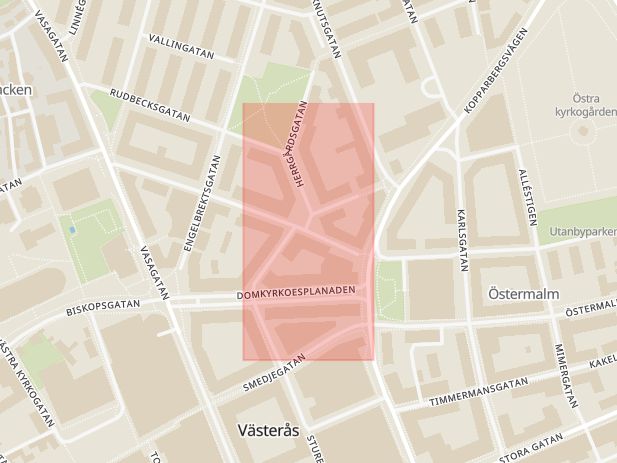 Karta som med röd fyrkant ramar in Nygatan, Västerås, Västmanlands län