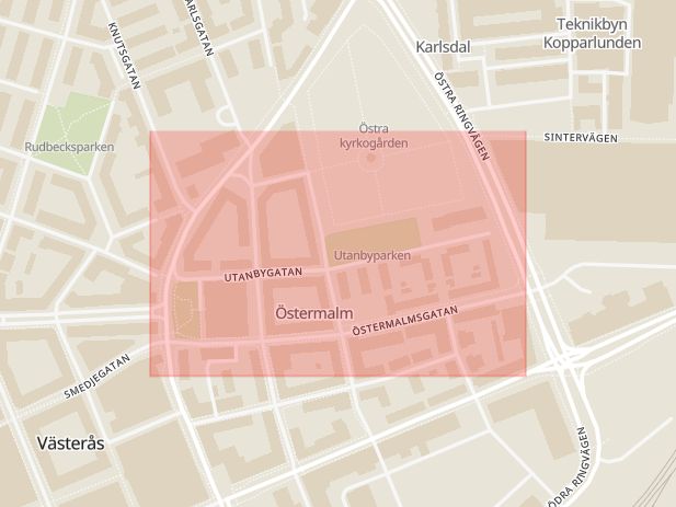 Karta som med röd fyrkant ramar in Utanbygatan, Västerås, Västmanlands län