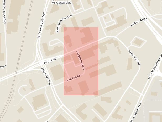 Karta som med röd fyrkant ramar in Baldersgatan, Västerås, Västmanlands län