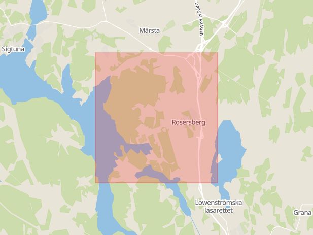 Karta som med röd fyrkant ramar in Rosersberg, Sigtuna, Stockholms län