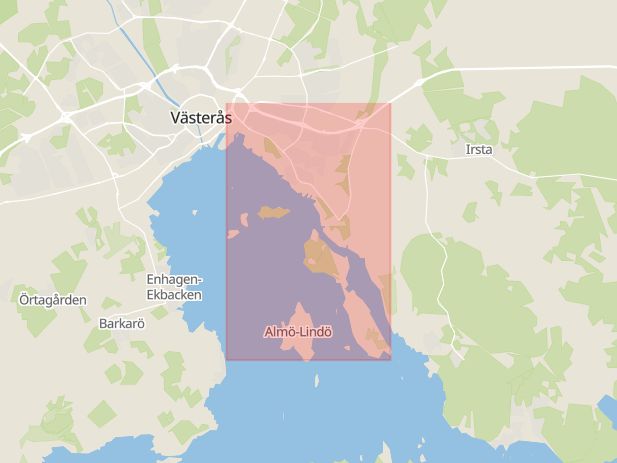 Karta som med röd fyrkant ramar in Björnövägen, Hamre, Västerås, Västmanlands län