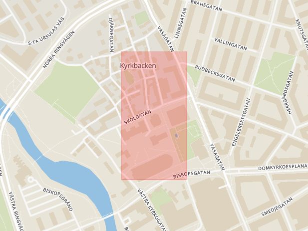Karta som med röd fyrkant ramar in Skolgatan, Svartån, Skultunavägen, Västerås, Västmanlands län