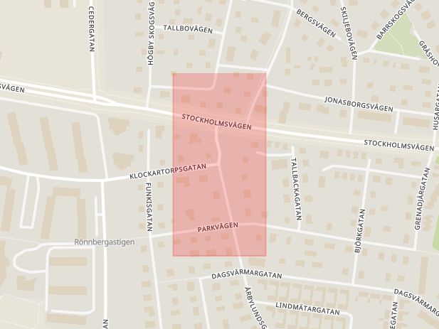 Karta som med röd fyrkant ramar in Klockartorpsgatan, Årbylundsgatan, Västerås, Västmanlands län