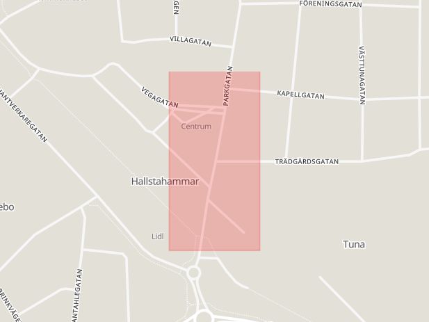 Karta som med röd fyrkant ramar in Parkgatan, Trädgårdsgatan, Häradsvägen, Hästhovsgatan, Hallstahammar, Västmanlands län