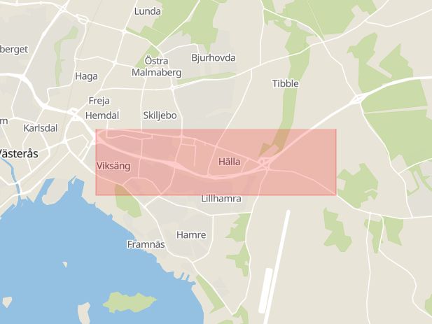 Karta som med röd fyrkant ramar in Hälla, Stockholmsvägen, Västerås, Västmanlands län