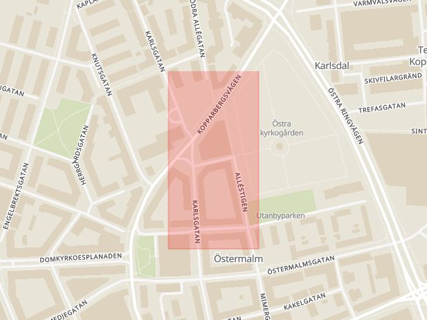 Karta som med röd fyrkant ramar in Lilla Nygatan, Östermalm, Västerås, Västmanlands län