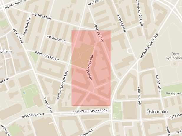 Karta som med röd fyrkant ramar in Herrgärdsgatan, Västerås, Västmanlands län