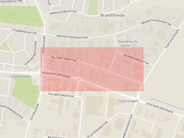 Karta som med röd fyrkant ramar in Fältmätargatan, Västerås, Västmanlands län