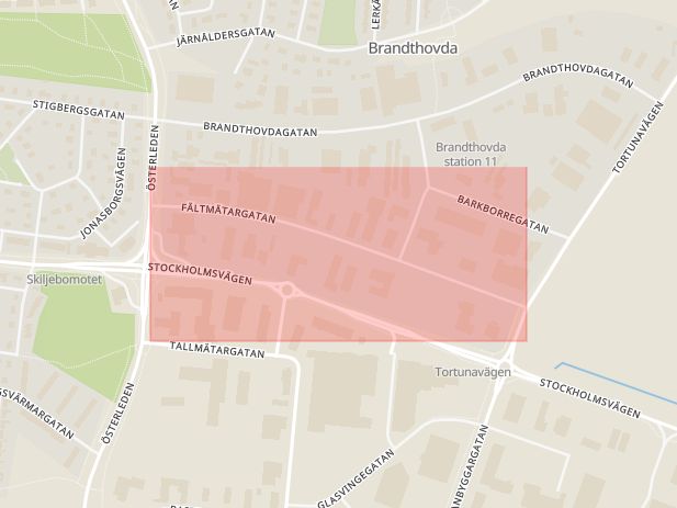 Karta som med röd fyrkant ramar in Fältmätargatan, Västerås, Västmanlands län