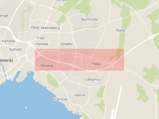 Karta som med röd fyrkant ramar in Stockholmsvägen, Västerås, Västmanlands län