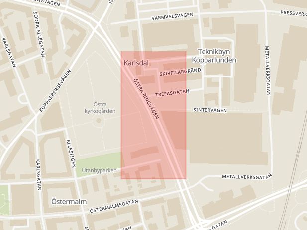 Karta som med röd fyrkant ramar in Kopparlunden, Västerås, Västmanlands län