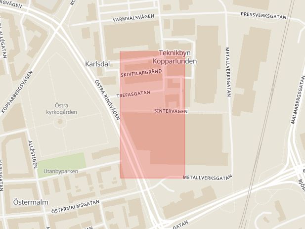 Karta som med röd fyrkant ramar in Stansargränd, Kopparlunden, Västerås, Västmanlands län