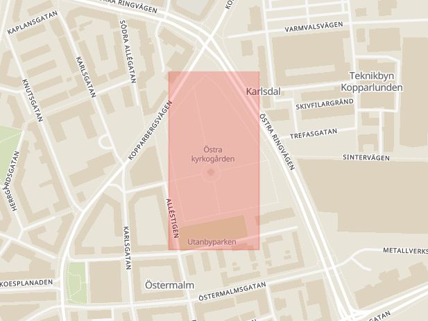 Karta som med röd fyrkant ramar in Metallverksgatan, Östra Kyrkogården, Västerås, Västmanlands län