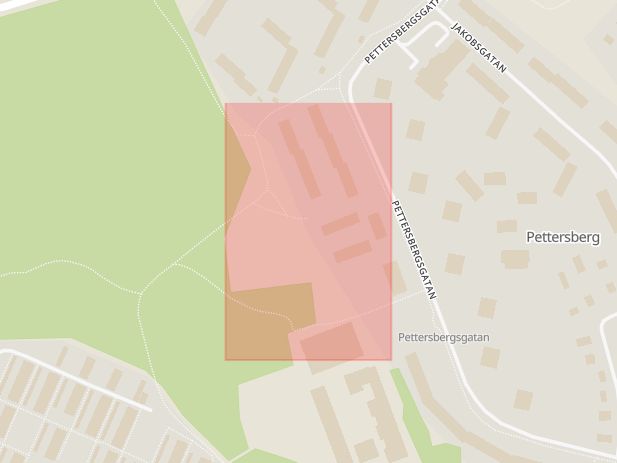 Karta som med röd fyrkant ramar in Grottvägen, Jacobsgatan, Västerås, Västmanlands län