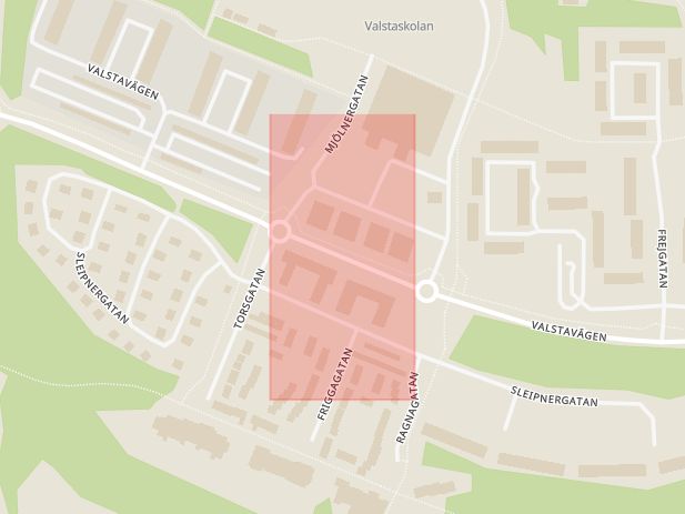 Karta som med röd fyrkant ramar in Valsta, Atletvägen, Midgårdsvägen, Sigtuna, Stockholms län