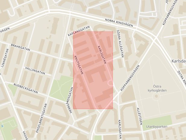 Karta som med röd fyrkant ramar in Servicehus, Knutsgatan, Västerås, Västmanlands län