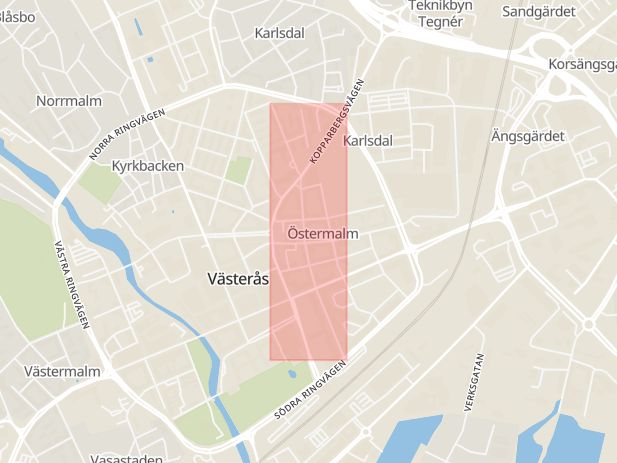 Karta som med röd fyrkant ramar in Karlsgatan, Västerås, Västmanlands län