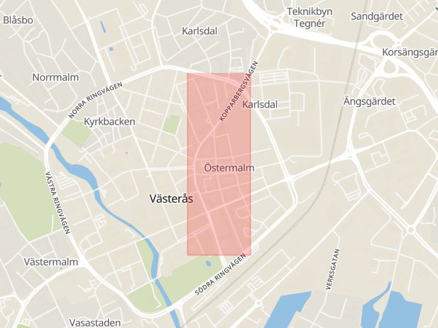 Karta som med röd fyrkant ramar in Karlsgatan, Östermalm, Västerås, Västmanlands län