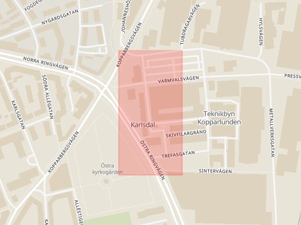 Karta som med röd fyrkant ramar in Legeringsgatan, Västerås, Västmanlands län