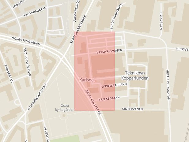 Karta som med röd fyrkant ramar in Legeringsgatan, Västerås, Västmanlands län