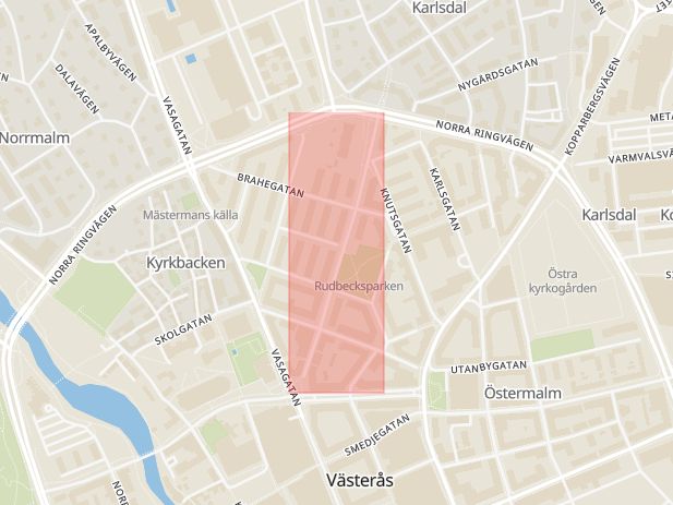 Karta som med röd fyrkant ramar in Liggande Kvinna, Engelbrektsgatan, Västerås, Västmanlands län