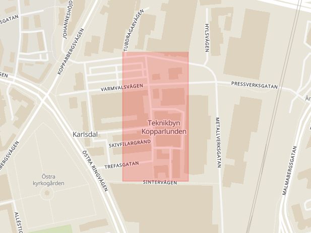 Karta som med röd fyrkant ramar in Kopparlunden, Kopparlundsvägen, Västerås, Västmanlands län