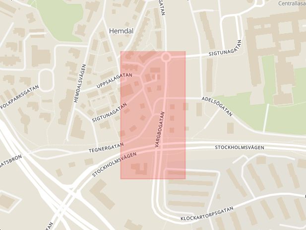 Karta som med röd fyrkant ramar in Birkagatan, Tegnérgatan, Västerås, Västmanlands län