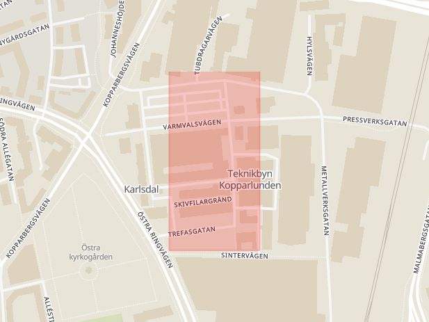 Karta som med röd fyrkant ramar in Södra Allégatan, Kopparlundsvägen, Västerås, Västmanlands län