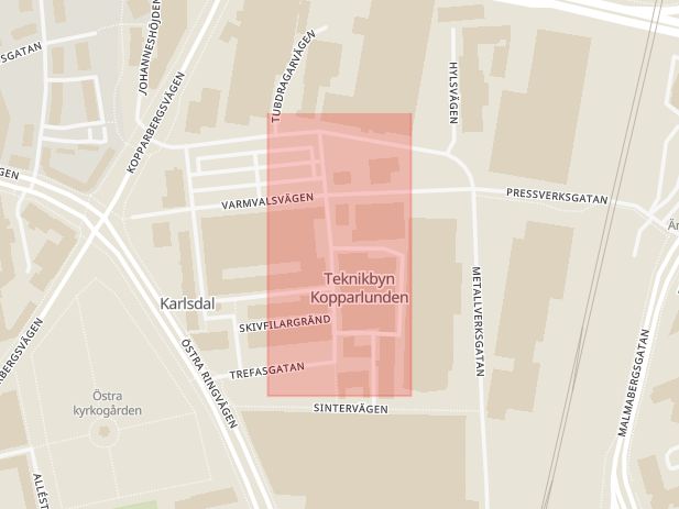 Karta som med röd fyrkant ramar in Kopparlunden, Stansargränd, Västerås, Västmanlands län