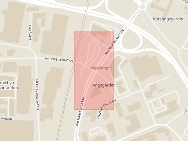 Karta som med röd fyrkant ramar in Malmabergsgatan, Pressverksgatan, Västerås, Västmanlands län