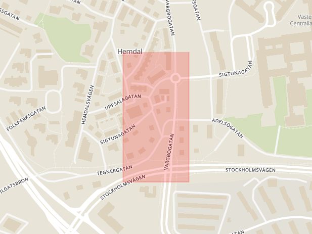 Karta som med röd fyrkant ramar in Birkagatan, Västerås, Västmanlands län