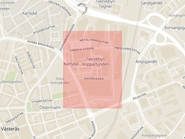 Karta som med röd fyrkant ramar in Metallverksgatan, Västerås, Västmanlands län