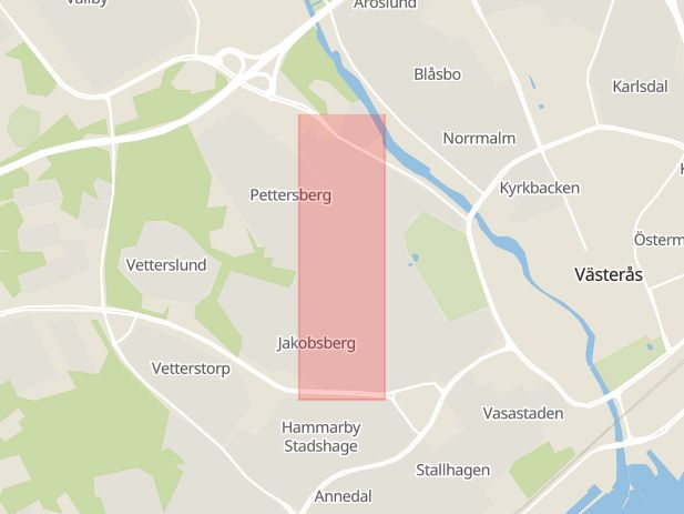 Karta som med röd fyrkant ramar in Drottninggatan, Västerås, Västmanlands län