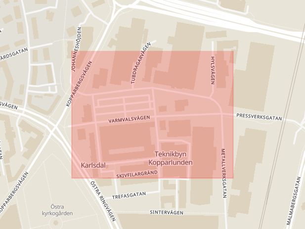 Karta som med röd fyrkant ramar in Varmvalsvägen, Västerås, Västmanlands län