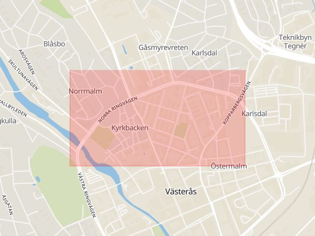 Karta som med röd fyrkant ramar in Norra Ringvägen, Västerås, Västmanlands län