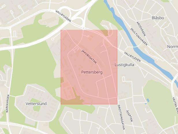 Karta som med röd fyrkant ramar in Pettersbergsgatan, Västerås, Västmanlands län