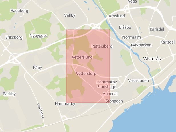 Karta som med röd fyrkant ramar in Narvavägen, Västerås, Västmanlands län