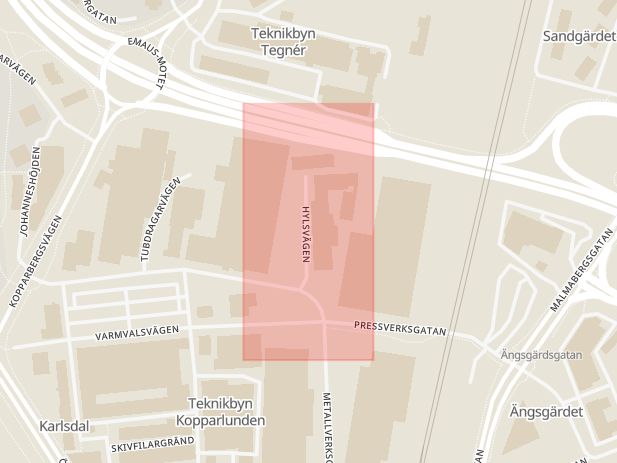 Karta som med röd fyrkant ramar in Hylsvägen, Västerås, Västmanlands län