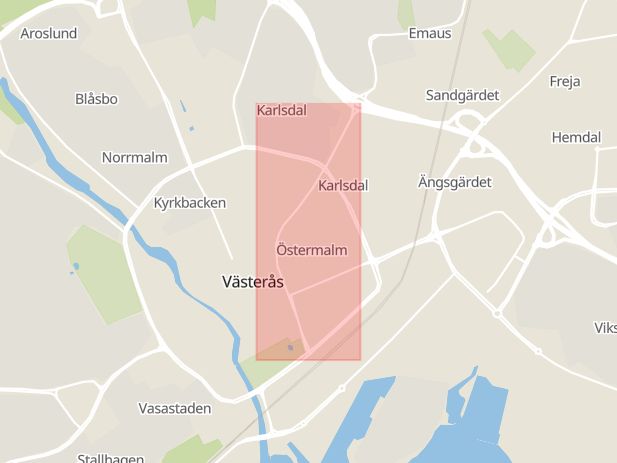 Karta som med röd fyrkant ramar in Kopparbergsvägen, Västerås, Västmanlands län