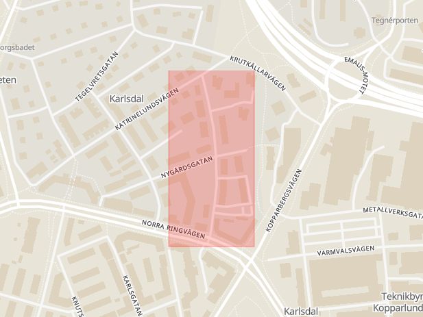 Karta som med röd fyrkant ramar in Lovisebergsvägen, Västerås, Västmanlands län