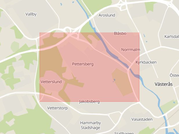 Karta som med röd fyrkant ramar in Pettersberg, Löparen, Västerås, Västmanlands län