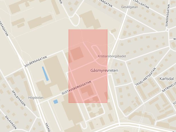 Karta som med röd fyrkant ramar in Eriksborgsgatan, Västerås, Västmanlands län
