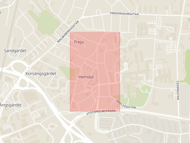Karta som med röd fyrkant ramar in Hemdalsvägen, Västerås, Västmanlands län