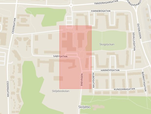 Karta som med röd fyrkant ramar in Skiljebo, Årbylundsgatan, Västerås, Västmanlands län