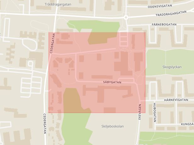 Karta som med röd fyrkant ramar in Säbygatan, Västerås, Västmanlands län