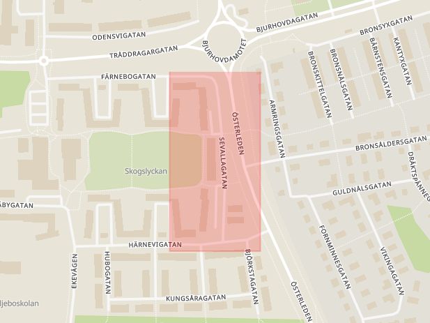 Karta som med röd fyrkant ramar in Sevallagatan, Västerås, Västmanlands län