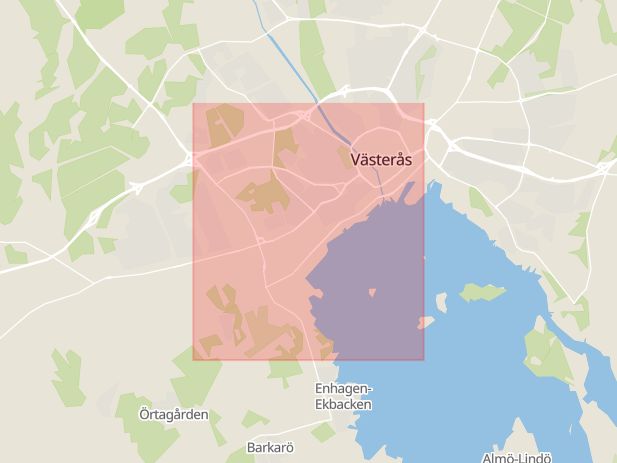 Karta som med röd fyrkant ramar in Västermalm, Västerås, Västmanlands län