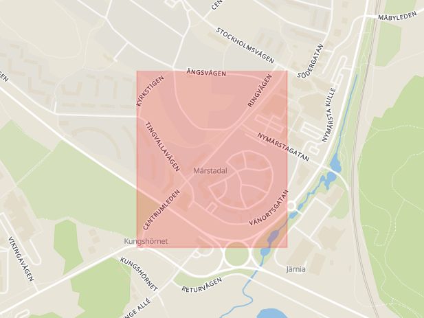 Karta som med röd fyrkant ramar in Centrumleden, Märsta, Sigtuna, Stockholms län